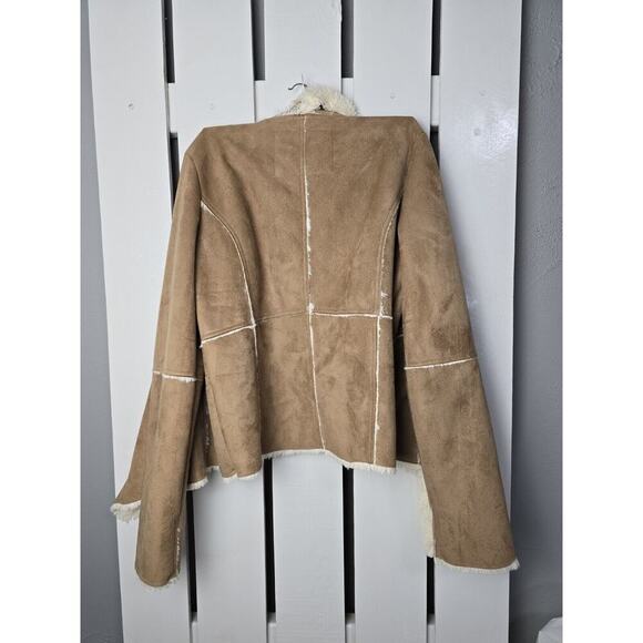 B Hip Waterfall‎ Boho Hippie Faux Suede Sherpa Ruffle Front Jacket Beige SZ L - Picture 4 of 11